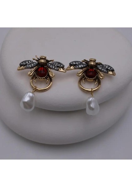 Altın Kaplama Incili Sallantılı Bordo Taşlı Arı Küpe