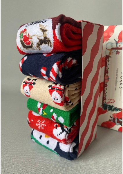 Yılbaşı 6’lı Desenli Çorap Seti | Unisex Hediye Kutulu Kış Temalı Çoraplar modelleri