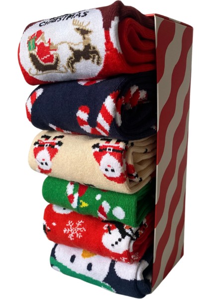 Yılbaşı 6’lı Desenli Çorap Seti | Unisex Hediye Kutulu Kış Temalı Çoraplar indirimleri