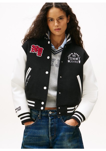 Siyah Kadın Standart Işlemeli Bomber Ceket DW0DW21628BDS