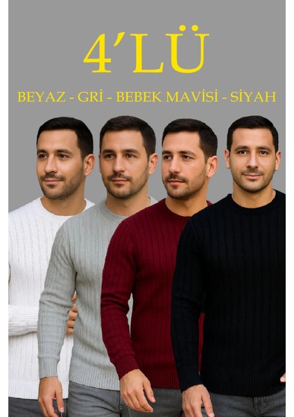 Erkek Fitilli Triko Kazak 4’lü Set – Beyaz, Bordo, Gri, Siyah | Kalın Dokuma Pamuklu Regular Fit Bisiklet Yaka Uzun Kollu Kışlık ve Baharlık Rahat Triko Kombini