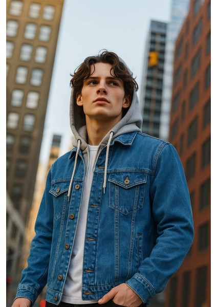 Erkek Mevsimlik Kapşonlu Mavi Bol Kot Mont