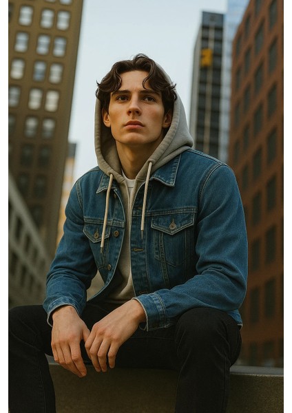 Erkek Mevsimlik Kapşonlu Mavi Bol Kot Mont modelleri