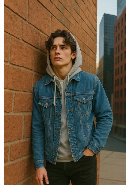 Erkek Mevsimlik Kapşonlu Mavi Bol Kot Mont fırsatları