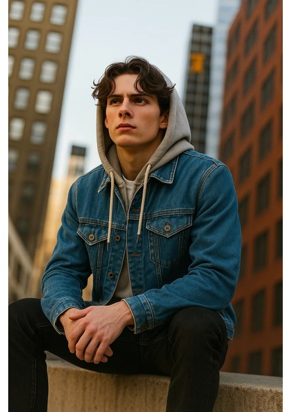 Erkek Mevsimlik Kapşonlu Mavi Bol Kot Mont indirimleri