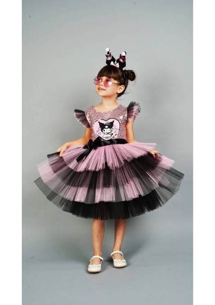 Kuromi Taç Aksesuarlı Pullu Baskılı Doğum Günü Kız Elbise 3/10 Yaş