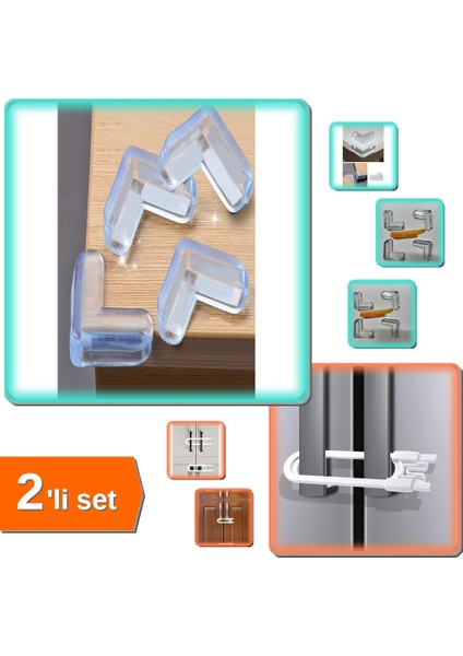Slide Sürgülü Çocuk Koruma Kilidi + 12 Adet Silikon Köşe Koruma Seti - 2li Set T7C3LM