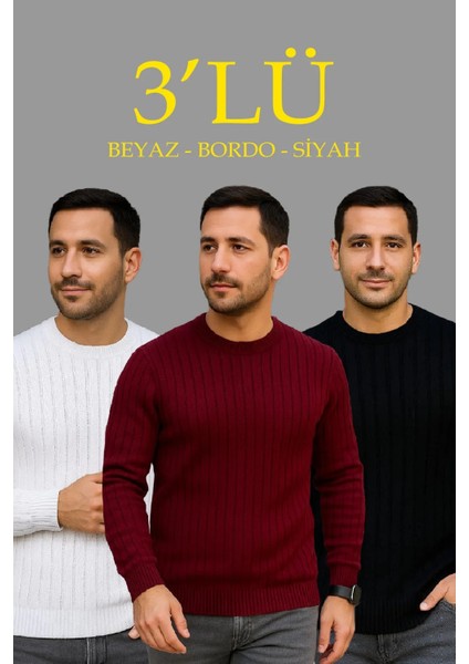 Erkek Fitilli Triko Kazak 3’lü Set – Beyaz, Bordo, Siyah | Kalın Dokuma Pamuklu Regular Fit Bisiklet Yaka Uzun Kollu Kışlık ve Baharlık Rahat Triko Kombini