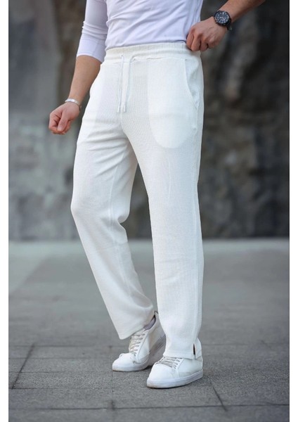 Erkek Paça Yırtmaçlı Burgu Selanik Dokulu Jogger Buggy Pantalon Rahat Kalıp - Beyaz fırsatları