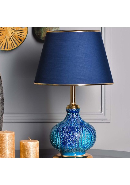 Light Patara Çini Detaylı Seramik Abajur - Mavi Şapka / Gold Ayak fiyatları