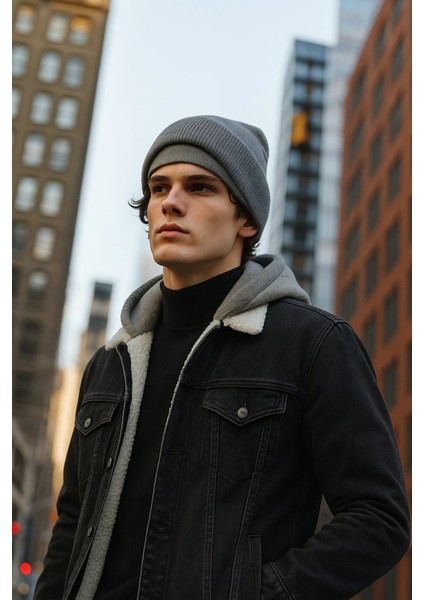 Erkek Içi Kürklü Kışlık Kapşonlu Siyah Kot Mont