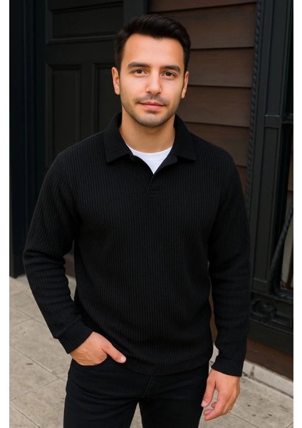 Erkek Fitilli Polar Sweatshirt – Düğmesiz Polo Yaka, Oversize Rahat Kalıp, Kalın Polar Kumaş, Kışlık ve Baharlık Şık Günlük Üst - Siyah