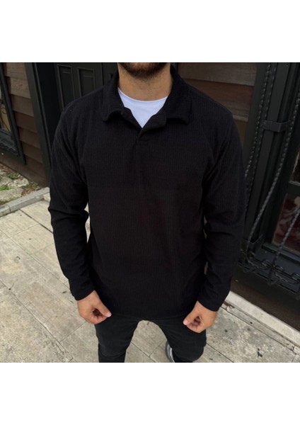 Erkek Fitilli Polar Sweatshirt – Düğmesiz Polo Yaka, Oversize Rahat Kalıp, Kalın Polar Kumaş, Kışlık ve Baharlık Şık Günlük Üst - Siyah fiyatları