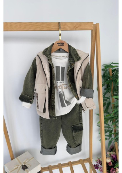 Kapitone Yelekli Kargo Cepli 4 Parça Erkek çocuk takım - Yeşil