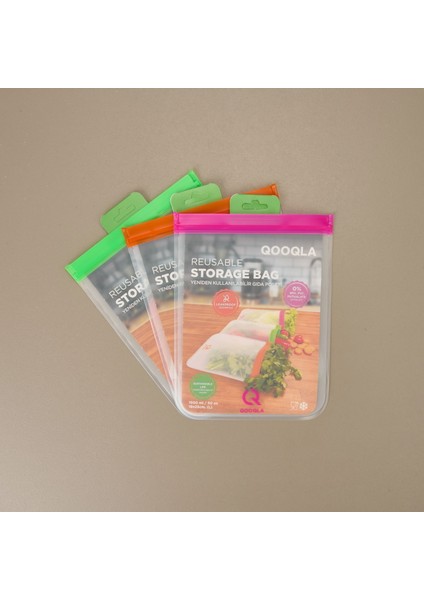 Yıkanabilir 3'lü Gıda Saklama Poşeti - Renkli - 19X25 cm