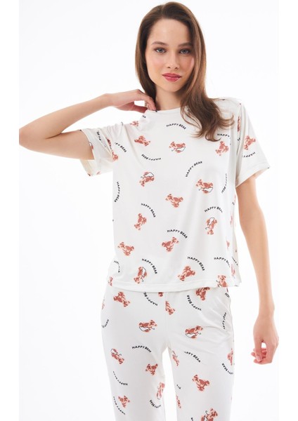 Premium Kadın Pijama Takımı Ayıcık Desenli Yumuşak Dokulu Kısa Kollu Bisiklet Yaka modelleri