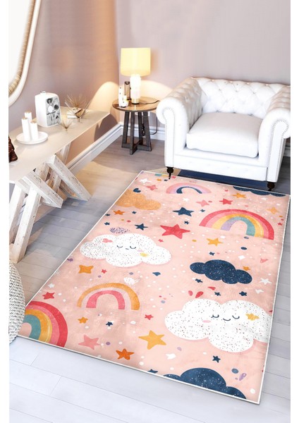 Renkli Hayaller Gökkuşağı Bulut Bambu Çocuk Odası Halısı modelleri