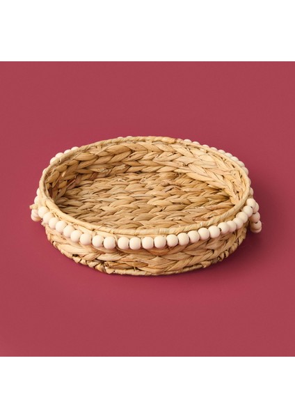 Boncuklu Su Sümbülü Dekoratif Tepsi - Bej - 33 cm