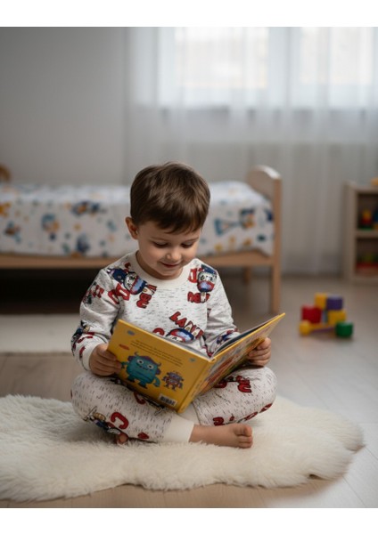 Erkek Çocuk Beyaz Labubu Karakter Baskılı %100 Pamuk Mevsimlik Pijama Takımı