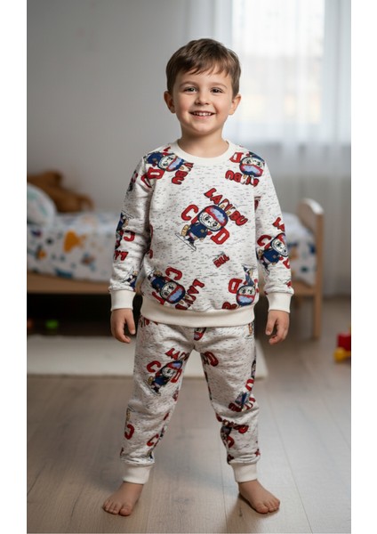 Erkek Çocuk Beyaz Labubu Karakter Baskılı %100 Pamuk Mevsimlik Pijama Takımı modelleri