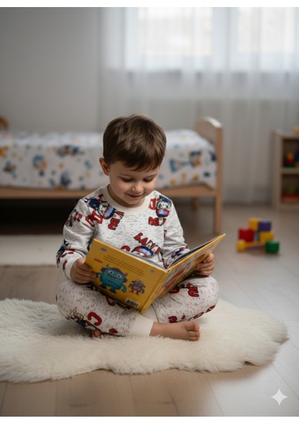 Erkek Çocuk Beyaz Labubu Karakter Baskılı %100 Pamuk Mevsimlik Pijama Takımı indirimleri