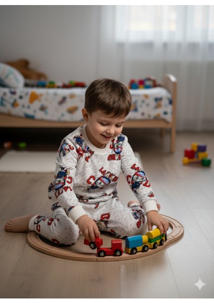 Erkek Çocuk Beyaz Labubu Karakter Baskılı %100 Pamuk Mevsimlik Pijama Takımı