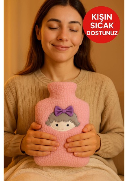 Pembe Peluş Sıcak Su Torbası – Yumuşak, Güvenli ve Şık Saçlı Kız Model, 1 Litre
