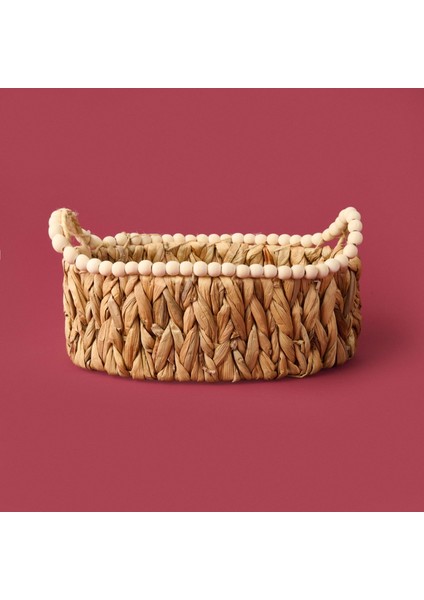Boncuklu Hasır Sepet - Kahverengi - 33X20X12 cm