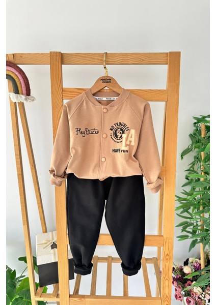 La Baskılı Sweat ve Pantolon 2 Li Erkek Takımı - Kahverengi