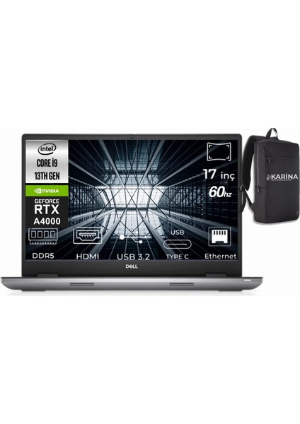 Precision M7780 I9-13950HX XCTOP7780EMEA-VP-3-K011 32GB 4tb Rtx 4000 12GB W11PRO 17" Fhd 60Hz Dizüstü Bilgisayar