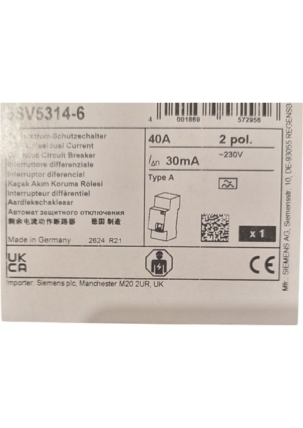 Siemens,a Tipi Kaçak Akım Koruma Rölesii 40A; 230V;30MA,5SV5314-6 modelleri