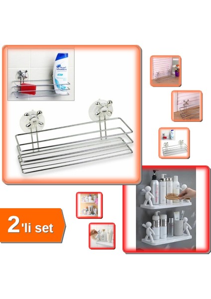 Dörtgen Vantuzlu Banyo Organizeri + 2 Adet Kendinden Yapışkanlı Banyo Rafı - 2li Set DEF789