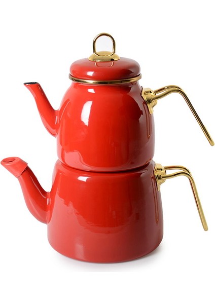 Emaye Çaydanlık - Kırmızı / Altın