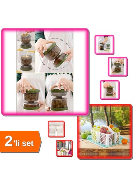 Çift Taraflı Süzgeçli Zeytin Turşu Saklama Kabı + Buzdolabı Düzenleyici Sepet - Beyaz - 2li Set 1xpt