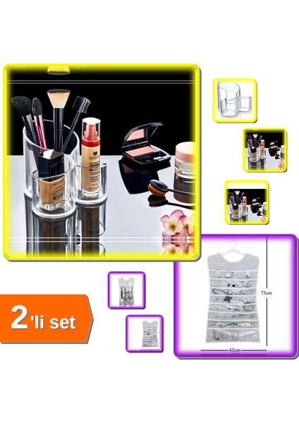 Makyaj Organizeri Şeffaf + Elbise Şeklinde Mücevher Düzenleyici - 3 Gözlü - 2li Set AB0UMK