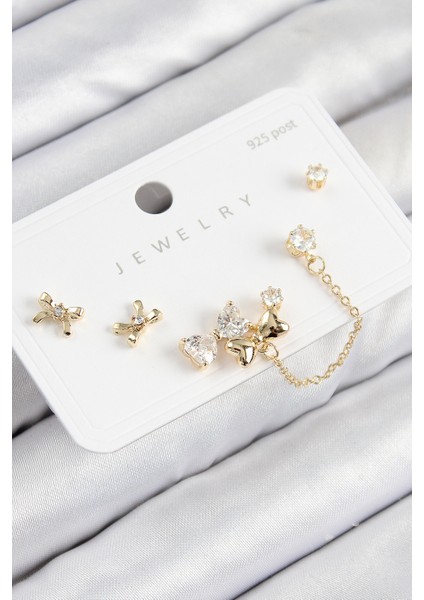 Pirinç Zirkon Taşlı Fiyonk Model Gold Renk 925 Ayar Gümüş Çivi Kadın Küpe Set - Lisinya