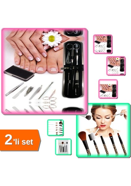 6 Parça Deri Çantalı Manikür Seti + 5 Parça Makyaj Fırçası Seti - Bakım Ürünleri - 2li Set E51JUE