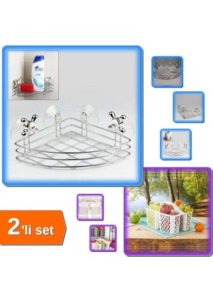 Vantuzlu Köşe Banyo Organizeri + Beyaz Buzdolabı Düzenleyici Sepet - Pratik Kullanım - 2li Set Z9N32