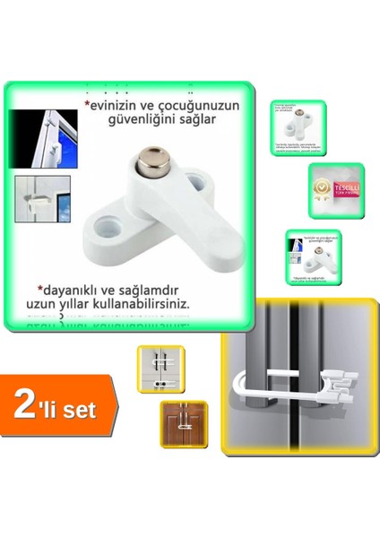 Düğmeli Pvc Kapı Pencere Emniyet Kilidi + Sürgülü Dolap Çekmece Kilidi - 2li Set 2U5L1E
