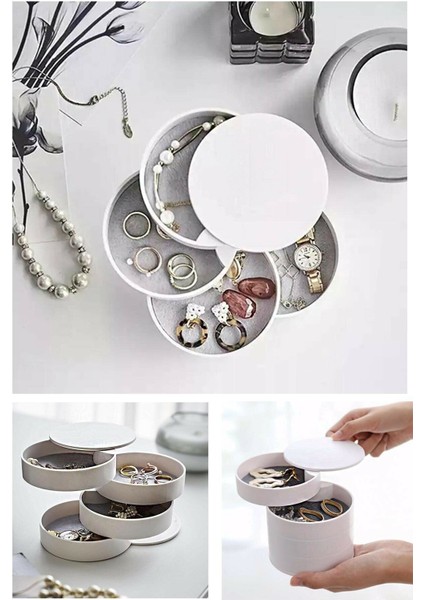 4 Katlı Dönebilen Silindir Takı ve Makyaj Organizer Kutusu