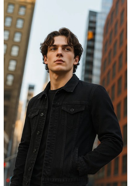 Erkek Polo Yakalı Premium Siyah Kot Ceket