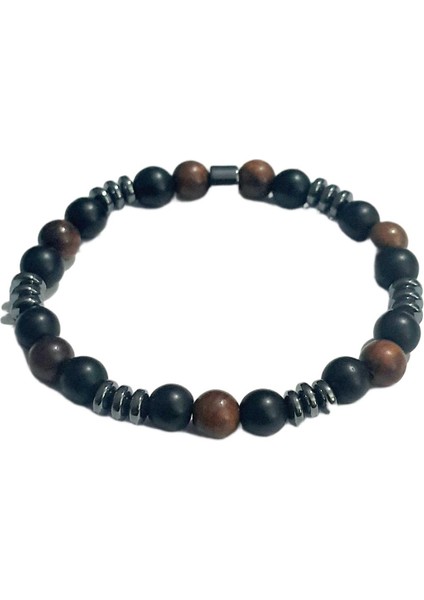 JTAW25BLK1644 8 mm Mazı Ağacı Onyx ve Hematit Doğaltaş Esnek Siyah Garantili Janti Bileklik