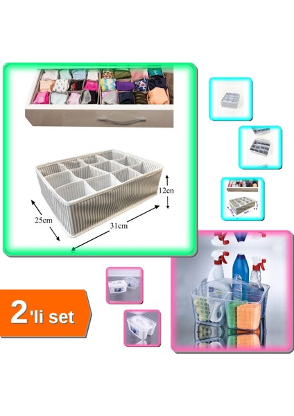 Pratik 12 Bölmeli Çekmece Düzenleyici Organizer + Beyaz Buzdolabı Düzenleyici Sepet Caddy - 2li Set
