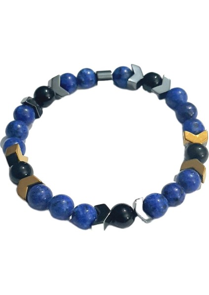 JTAW25BLK1643 8 mm Ceyt ve Onyx Doğaltaş Hematit Doğaltaş Esnek Lacivert Garantili Janti Bileklik