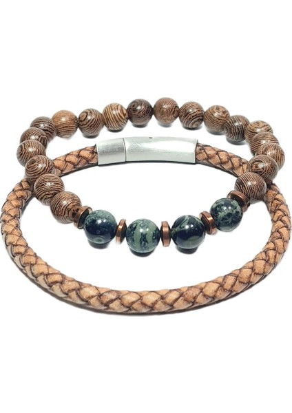 JTAW25BLK1639 Hakiki Deri Paslanmaz Çelik Kapama Mazı Ağacı Serpantin ve Hematit Doğaltaş Bej Garantili Hediye Kutulu Janti Bileklik