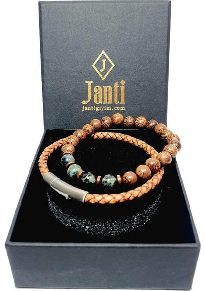 JTAW25BLK1639 Hakiki Deri Paslanmaz Çelik Kapama Mazı Ağacı Serpantin ve Hematit Doğaltaş Bej Garantili Hediye Kutulu Janti Bileklik fiyatları