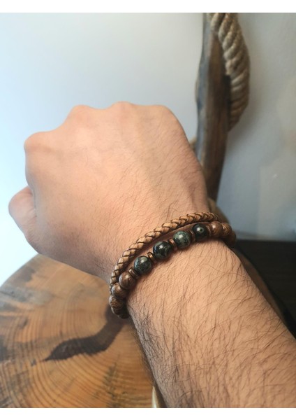 JTAW25BLK1639 Hakiki Deri Paslanmaz Çelik Kapama Mazı Ağacı Serpantin ve Hematit Doğaltaş Bej Garantili Hediye Kutulu Janti Bileklik modelleri