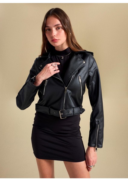 Siyah Kadın Deri Ceket PBF5WM-CKT 2071