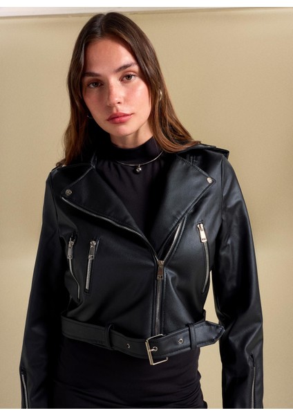 Siyah Kadın Deri Ceket PBF5WM-CKT 2071
