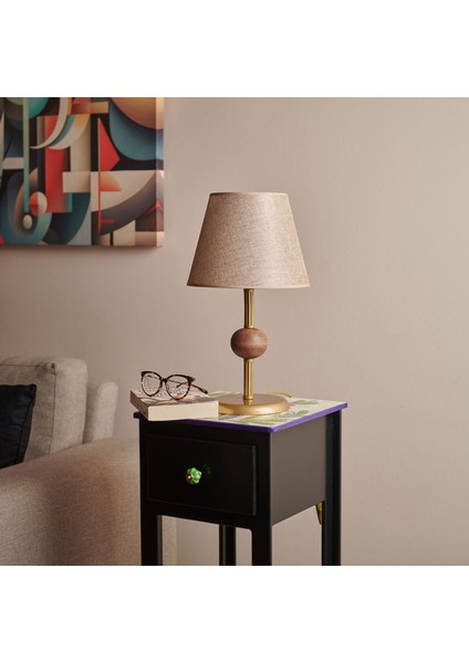 Light Ahşap Detaylı Metal Abajur - Eskitme - 43X25X25 cm